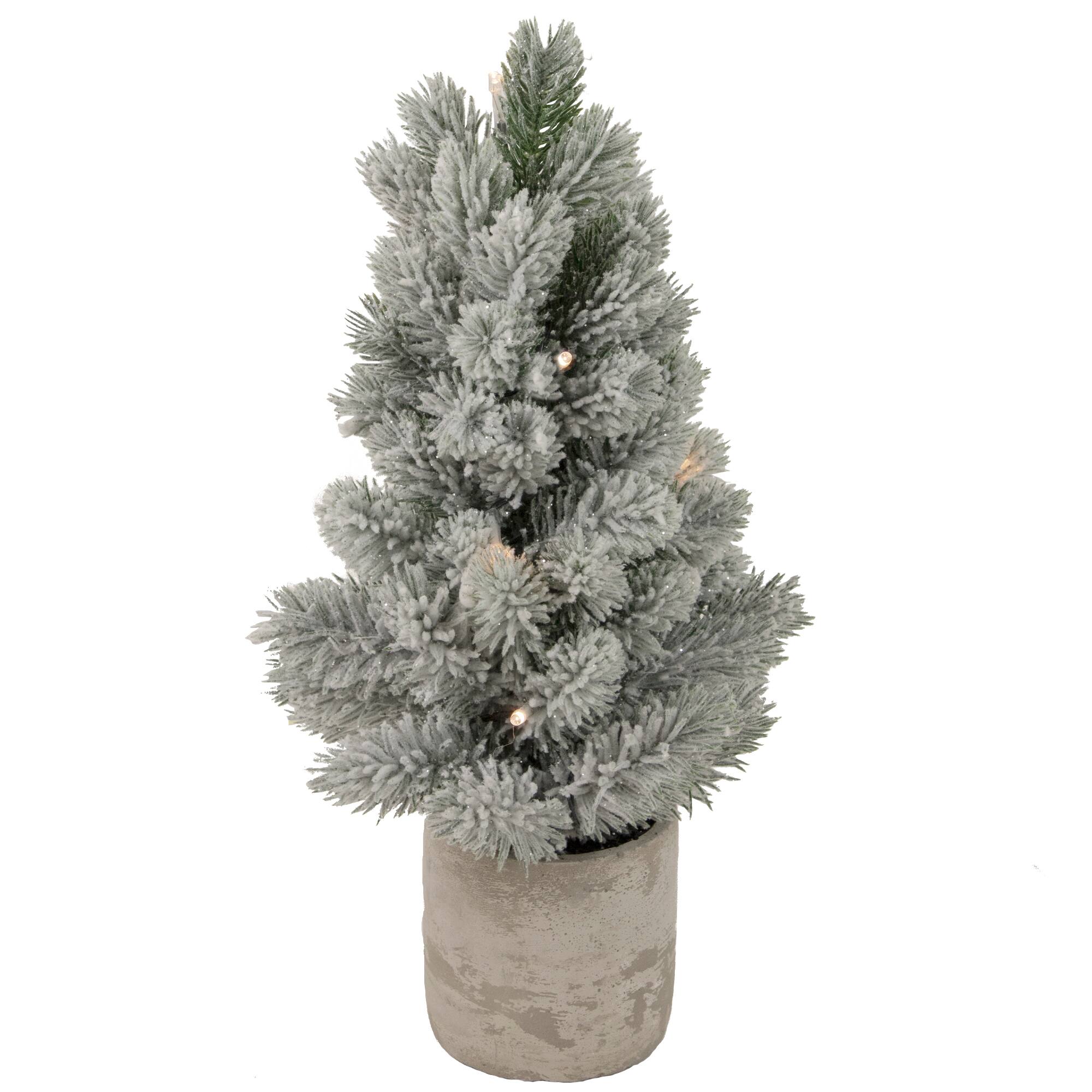 16" Pre-Lit Mini Frosted Pine Christmas Tree in Cement Base